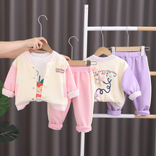 女童秋装套装婴儿童小花棒球服三件套2023新款1一3岁春秋一件代发