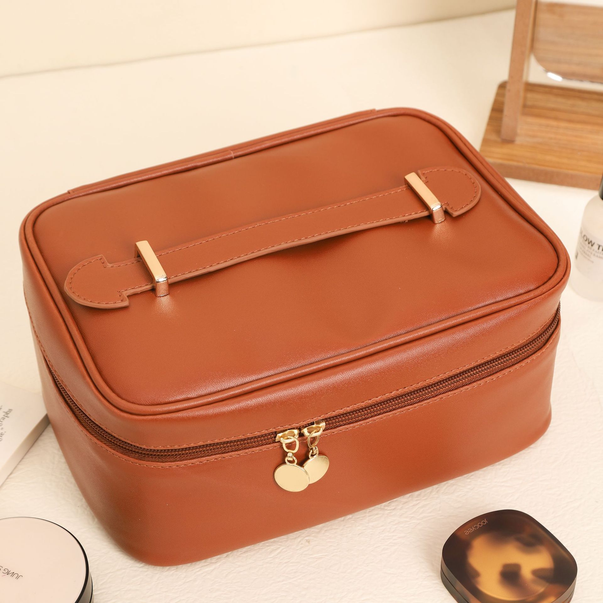 large capacity good-looking ins cosmetics storage bag urban simple square pu leather portable portable cosmetic bag