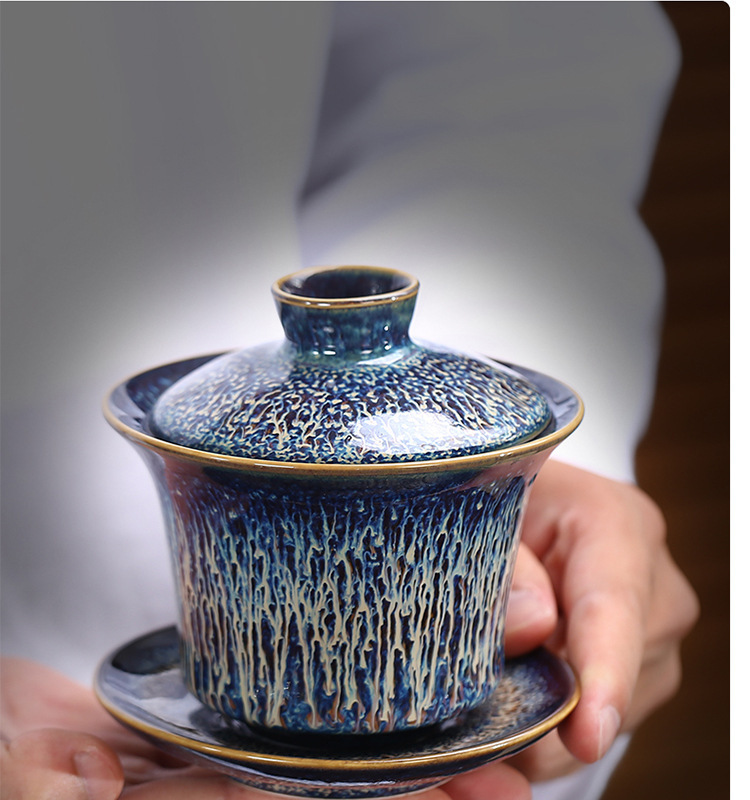 新品钧瓷窑变建盏套装陶瓷蓝拉丝釉盖碗整套家用功夫茶具logo定制