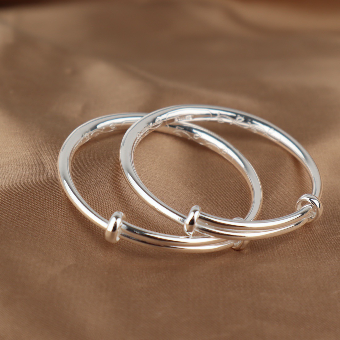 纯银9999足银手镯光面圆条推拉吉祥宝宝儿童婴儿小孩送礼银镯子新