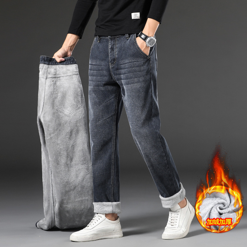 秋冬新款男士加绒加厚牛仔裤宽松直筒弹力大码男商务中年冬季棉裤