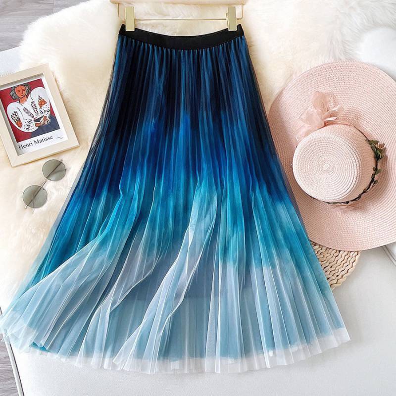 裙子彩色仙女网纱半身裙女春季新款高腰大摆百褶裙中长款字纱衬裙