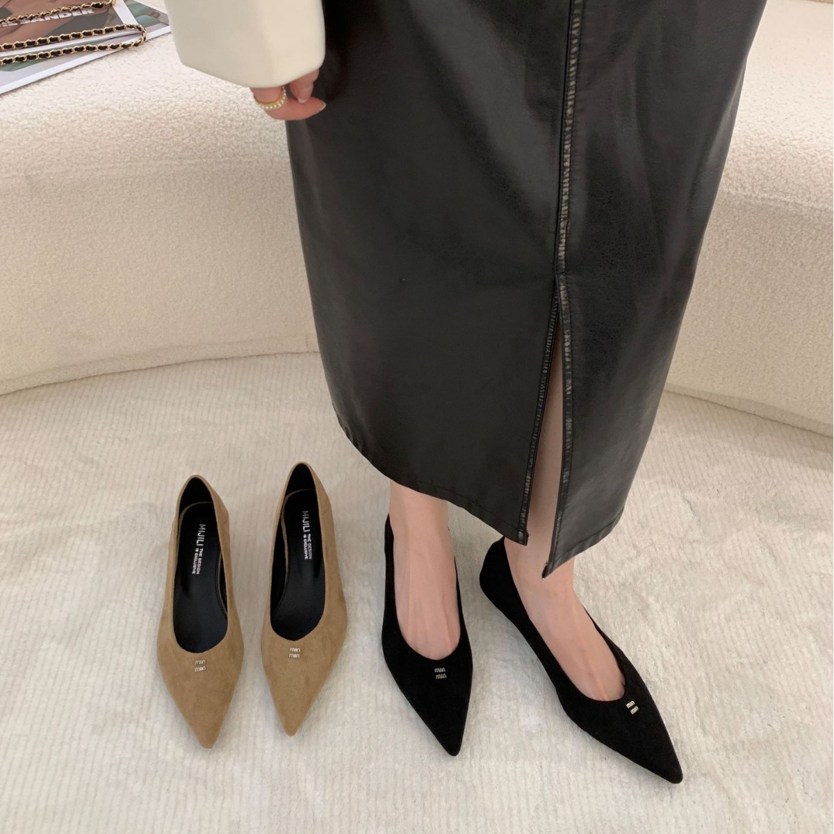 法式粗跟方头绒面单鞋女鞋子2024新款春秋冬小香风黑色通勤工作鞋