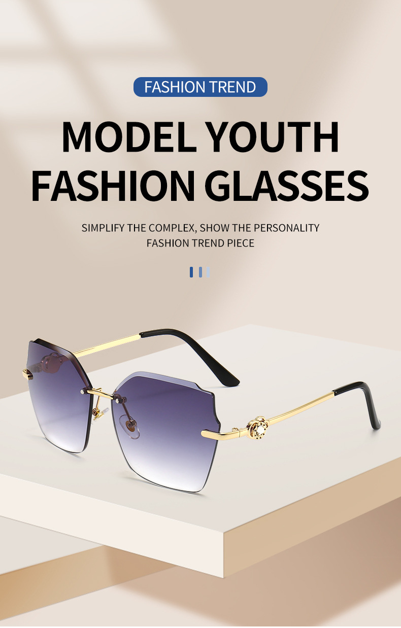 新款时尚无框切边太阳镜时尚个性镶钻装饰女士墨镜不规则太阳眼镜