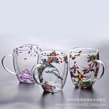 干花真花双层玻璃杯高颜值创意家用咖啡杯带把流沙玻璃杯伴手礼