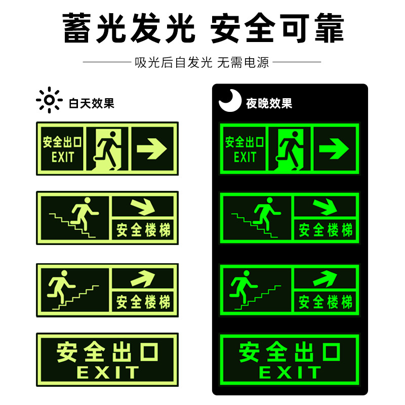 20张安全出口指示牌地贴夜光墙贴消防检查标识紧急疏散通道警示标