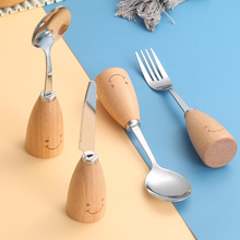 立体不锈钢勺子 水果刀叉日式木柄餐具可爱ins风卡通儿童笑脸汤勺