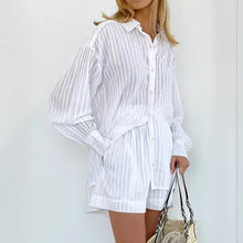 跨境纯棉衬衫套装欧美2024夏季新款女白色竖条纹衬衫短裤休闲套装