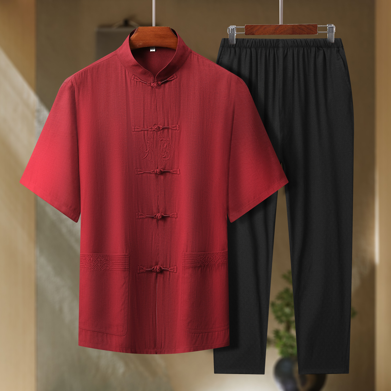 唐装男短袖中老年夏季中国风亚麻套装老人中式衣服爷爷男装tz2201