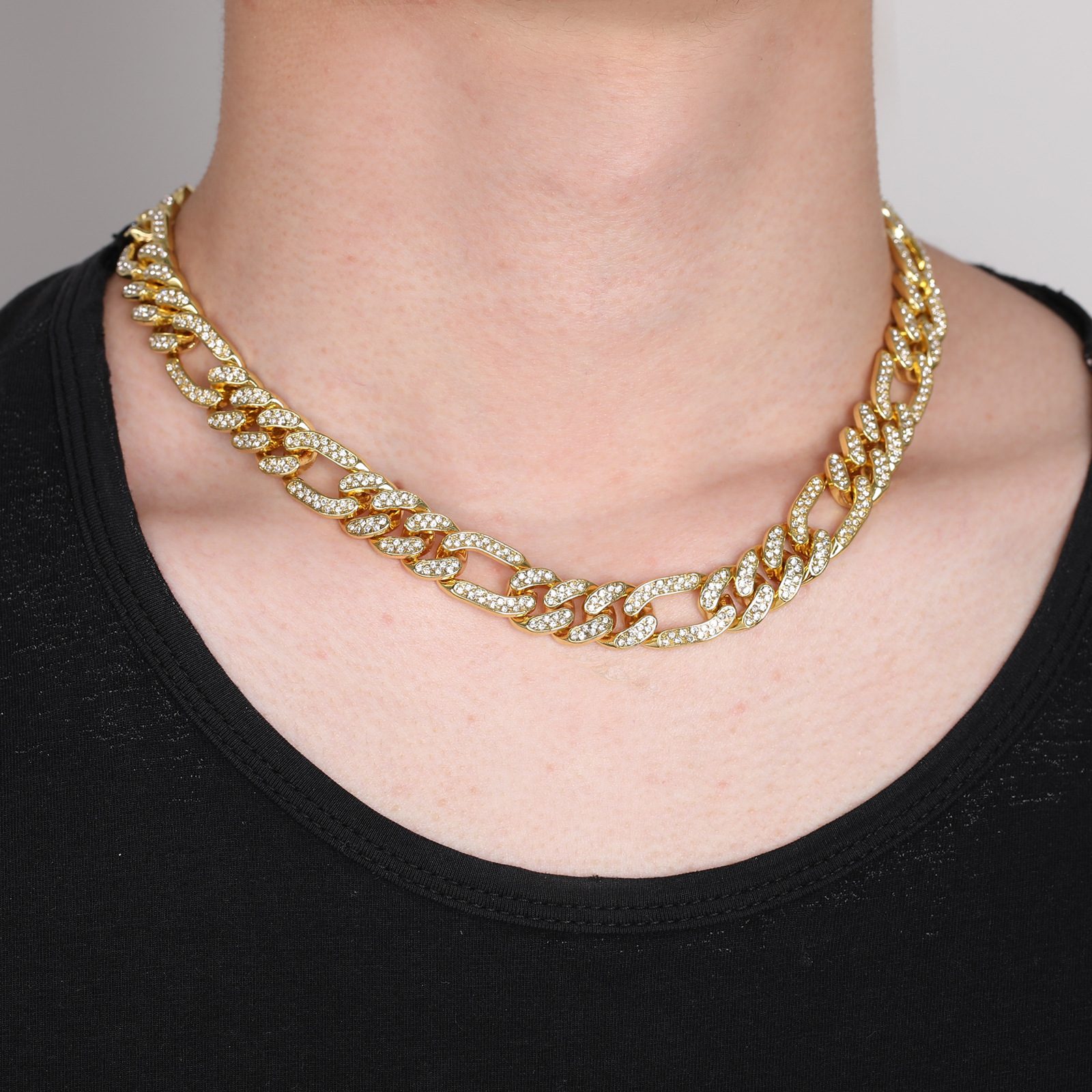 欧美跨境项链嘻哈13mm古巴链菱形男士项链满钻合金嘻哈项链厂家