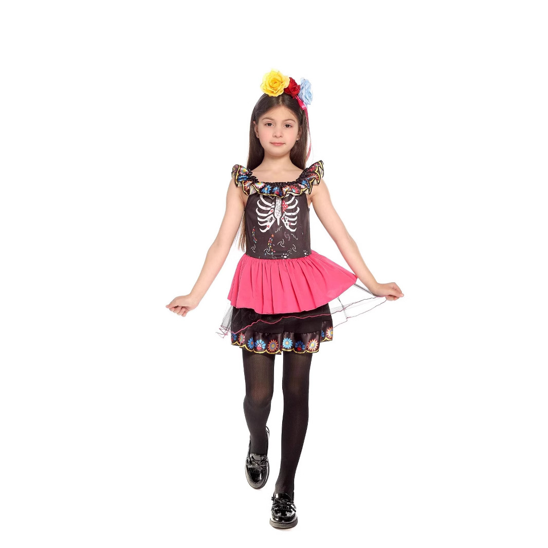 墨西哥亡灵节彩色骨架印刷裙角色扮演cosplay服装