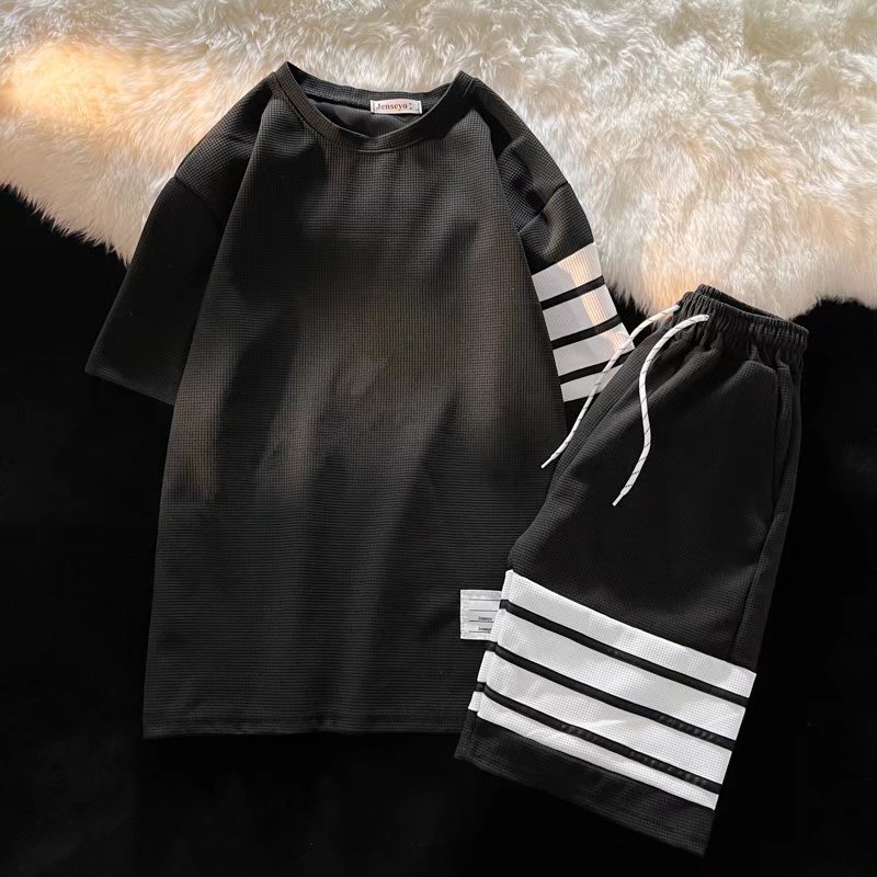 华夫格卫衣套装男情侣装休闲针织运动四条杠卫裤拼色夏季两件套