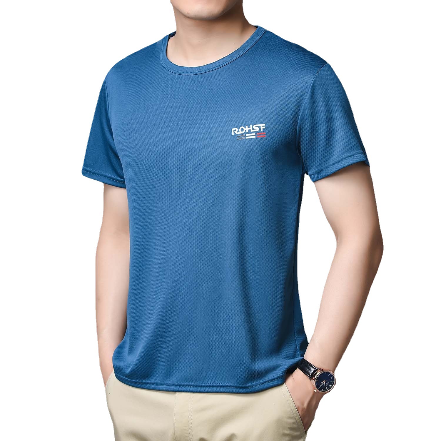 Men's Ice Silk Mesh Quick Drying Clothes Short Sleeve T-shirt Summer Stretch Crew Neck plus Size Young and Middle-Aged Fashion Brand New Fashion