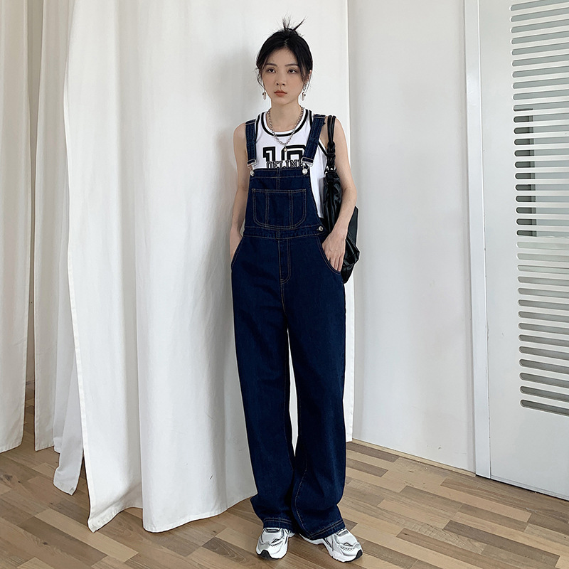 韩版牛仔阔腿背带裤女秋季2024新款高腰宽松百搭减龄牛仔背带裤女