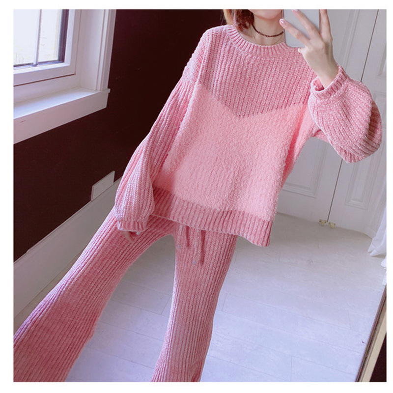 2023 Spring New Korean Style Simple Solid Color Homewear Suit Women's Comfortable Thermal round-Neck Knitted Wool Pajamas