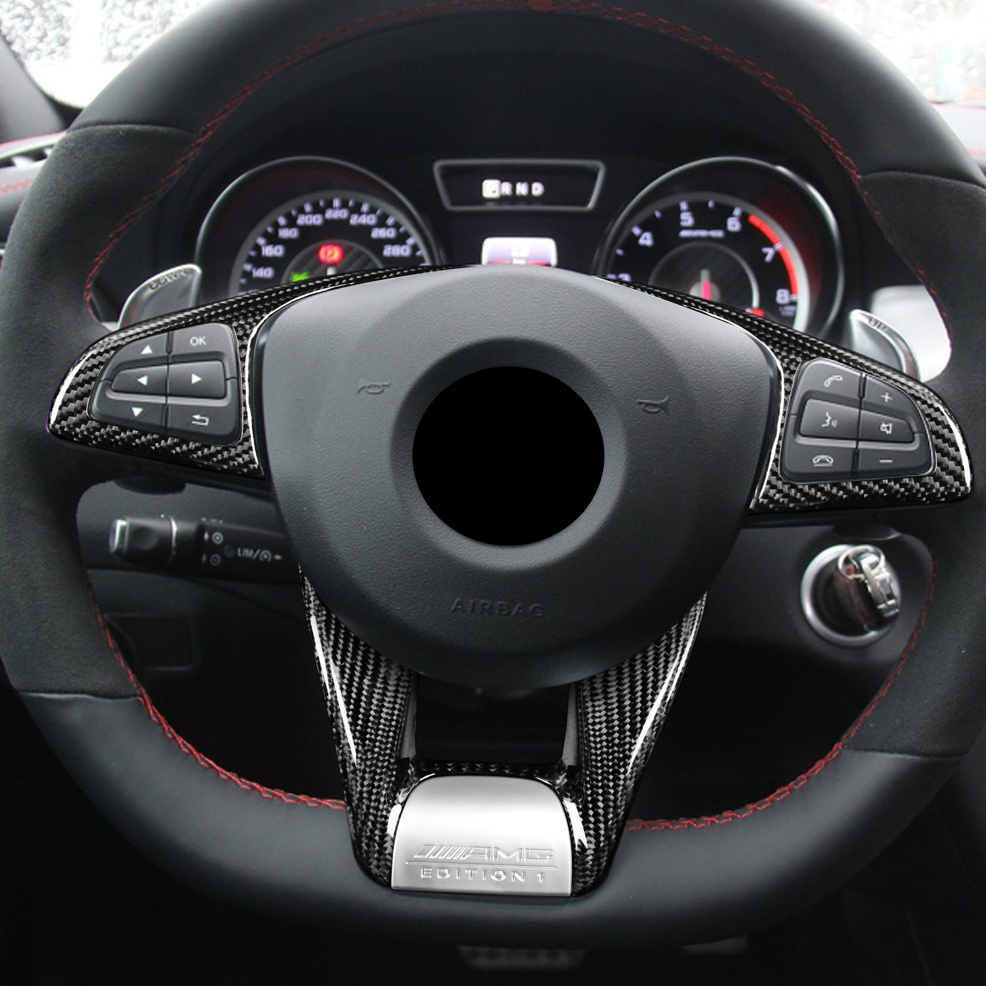 适用奔驰15-20款w205c63c63sgla45碳纤维方向盘饰件改装amg款2件a