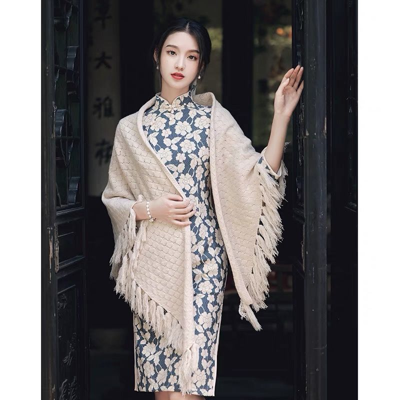 旗袍披肩外搭季改良复古针织开衫流苏外套民国风老上海斗篷百搭