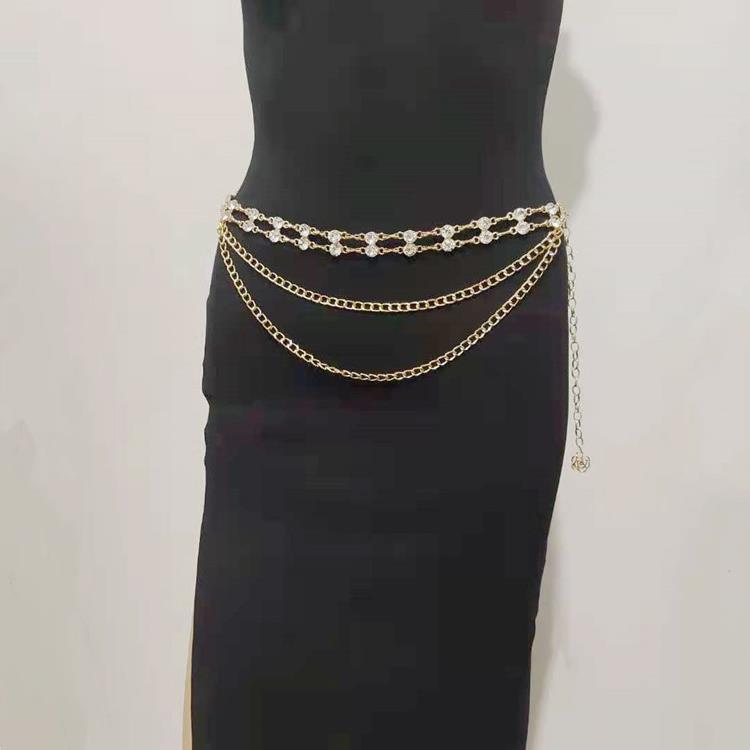 wholesale european and american cross-border waist chain women‘s simple fashion rhinestone inlaid multi-layer tassel chain double row rhinestone waist jewelry