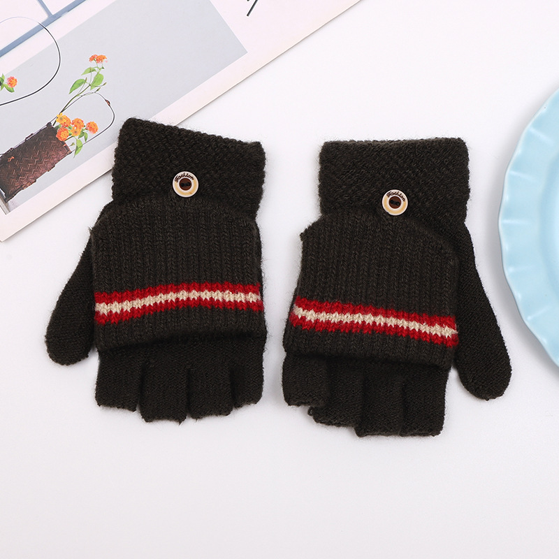 儿童手套秋冬季男女童保暖时尚翻盖半指手套宝宝提花针织手套