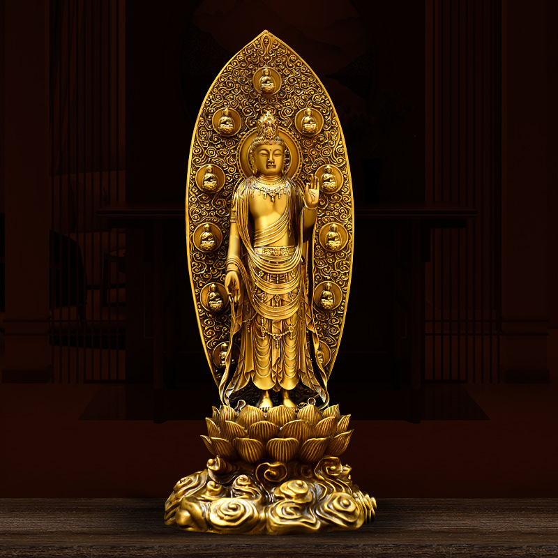 观音菩萨摆件纯铜背光站莲花观世音铜像客厅装饰家用佛堂供养佛像
