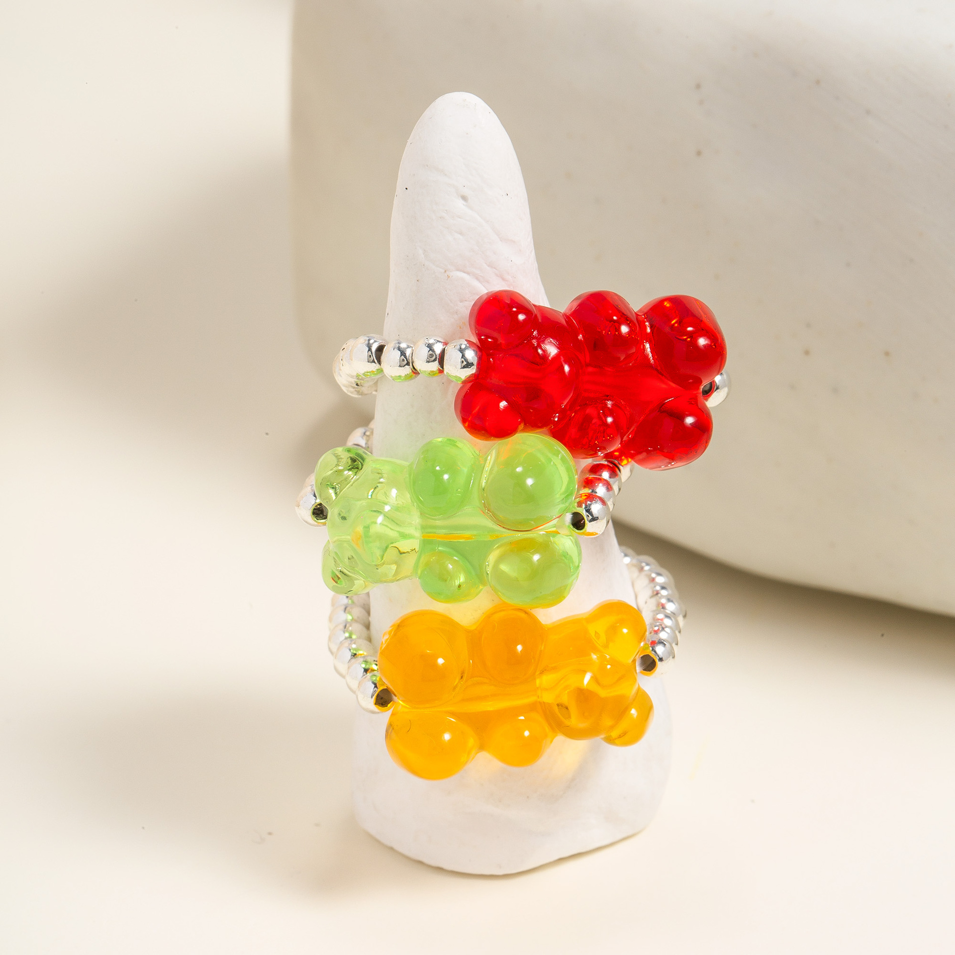 Japanese and Korean Style Colorful Girl Heart Transparent Gummy Bear Silver Beaded Ring Elastic Ins Niche Advanced Ring