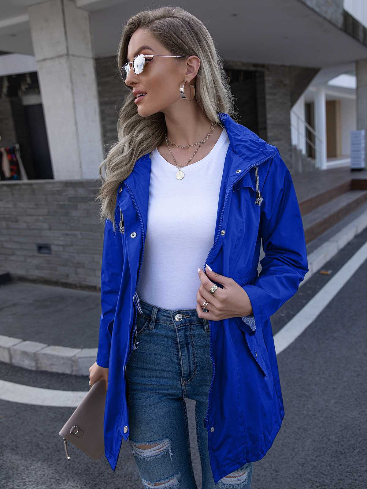 亚马逊连帽防雨拉链雨衣外套女冬中长款女装防雨衣