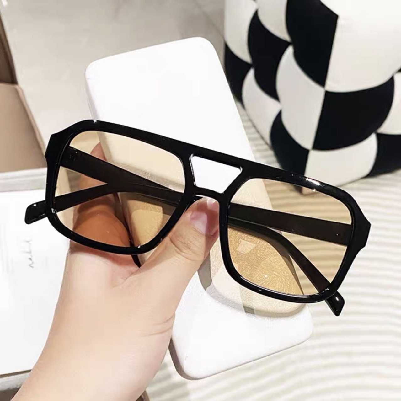 Cross-Border Square Double Beam Sunglasses Korean Style Vintage with Large Rims Pilot Glasses Ocean Lens Multi-Color Sunglasses Wholesale