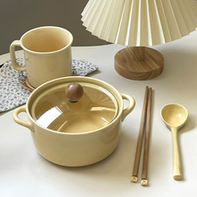 依米 日式ins风学生宿舍纯色双耳面碗家用陶瓷带盖小奶锅泡面以信