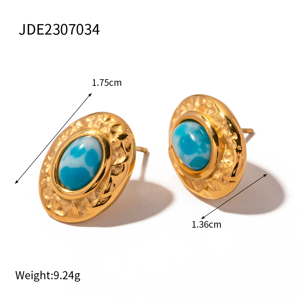 European and American Ins New Titanium Steel Earrings 18K Gold Stainless Steel Sea Pattern Turquoise Hammer Pattern Wide Surface Inlaid Sea Pattern Turquoise Ear Studs