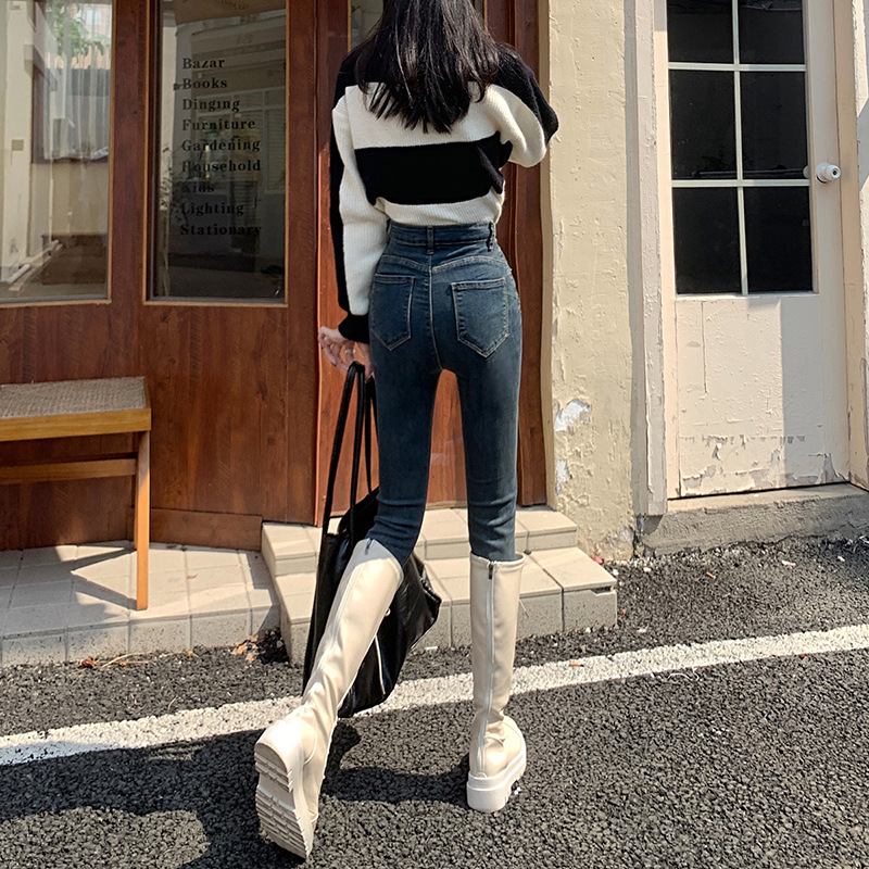   Stretch High Waist Jeans for Women Spring and Autumn New Korean Style Slimming onger eg Skinny Tappered Pants Ins Trendy Denim