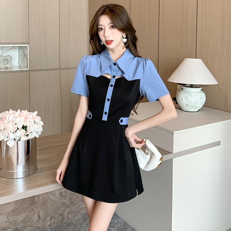 休闲 夏季名媛淑女气质两件套别致镂空拼接衬衫连衣裙短裤套装