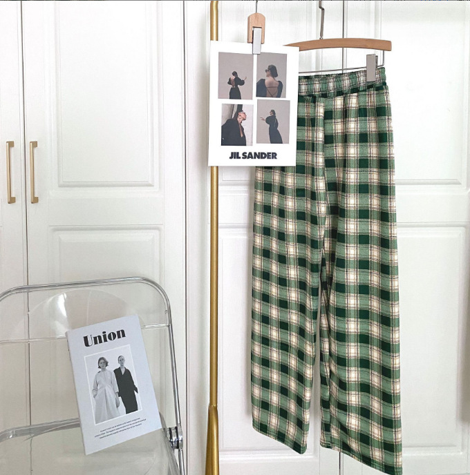 Cross-Border Foreign Trade Fleece Plaid Wide Leg Pants Women High Waist Loose and Slimming Winter Thick Lambskin Casual Warm-Keeping Pants