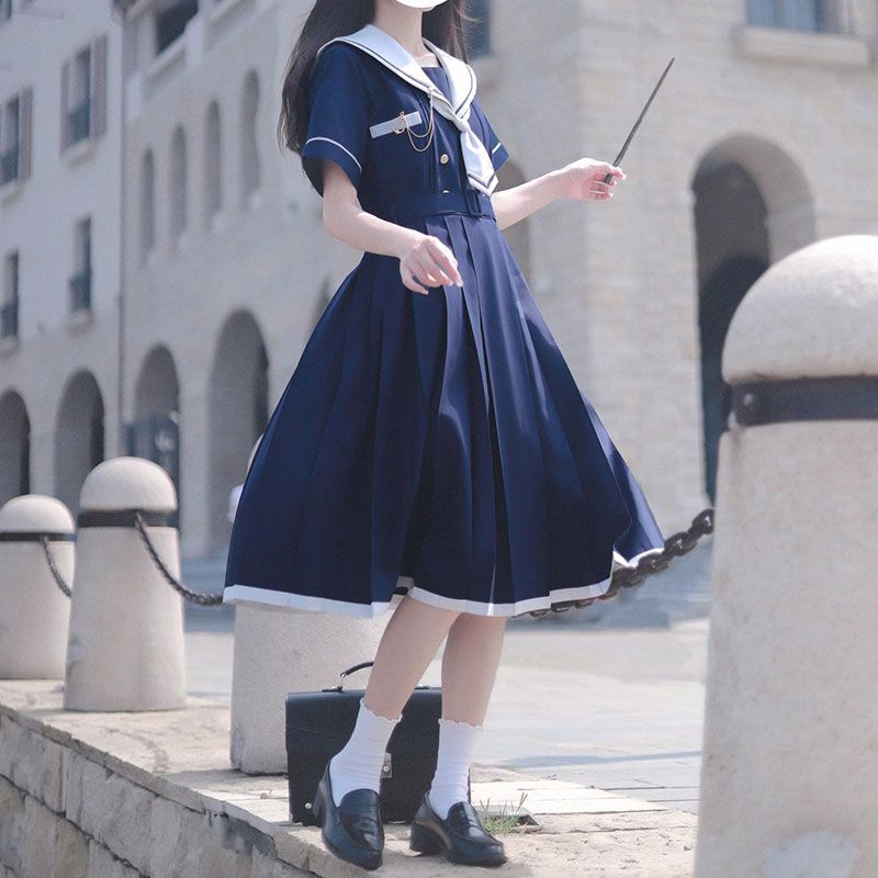 夏季新款日系海军领jk水手服气质收腰显瘦连衣裙学生