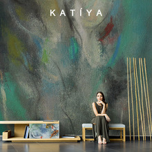 Katiya北欧手绘绿色涂鸦壁画网红客厅墙布电视背景墙壁纸无缝沙发