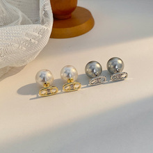 新款时尚银针耳环高级超闪圆形经典设计简约珍珠凯旋门前后两戴女