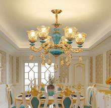 欧式吊灯奢华客厅灯现代简约大气家用法式蓝色陶瓷吊灯卧室水晶灯