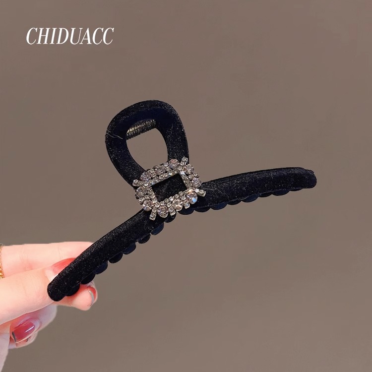 Square Diamond Velvet Feeling ~~ Light Luxury Velvet Large Size Grip Firm All-Match Hairpin Female Classic Style High-Grade Sense Shark Clip