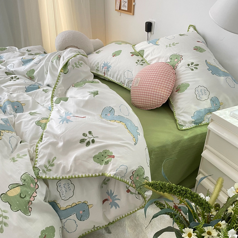 Bear ~ Ins Girl Heart Cute Cartoon Washed Cotton Shell Embroidered Triangle Needle Four-Piece Set 1.5 Bed Sheet Quilt Cover 1.8