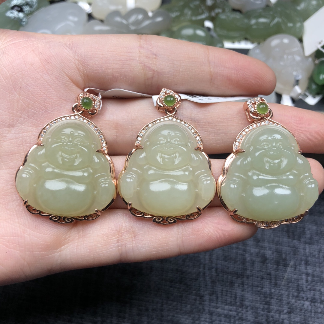 天然和田玉弥勒佛玉佛吊坠女款镶嵌925玉石玉坠项链大肚笑佛玉佩