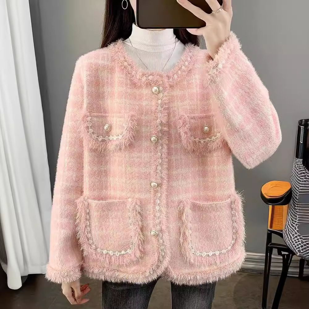 秋装小香风毛衣外套女2024早秋新款格子针织衫女士开衫仿貂绒上衣