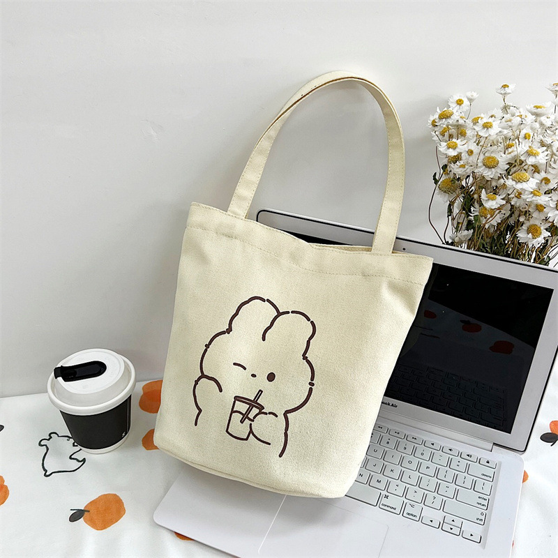 2023 New Canvas Handbag Trendy Simple Women's Bag Korean Cute Student Lunch Box Bento Embroidered Bucket Bag