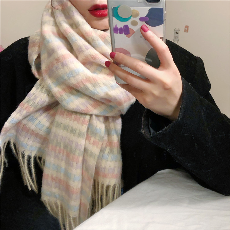 Korean Style Scarf Women's Autumn and Winter Japanese Style Retro Soft Girl Soft All-Match Rainbow Plaid Student Knitted Scarf Ins