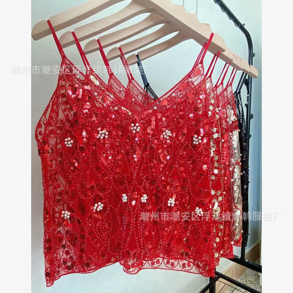 小众夏季女重工亮片钉珠吊带内搭上衣性感显瘦短款V领背心洋气潮