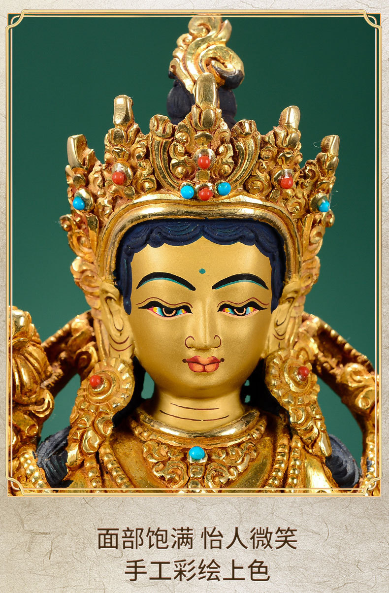 绿度母佛像尼泊尔手工全鎏金镶嵌彩珠度母像藏传密宗供奉摆件7寸
