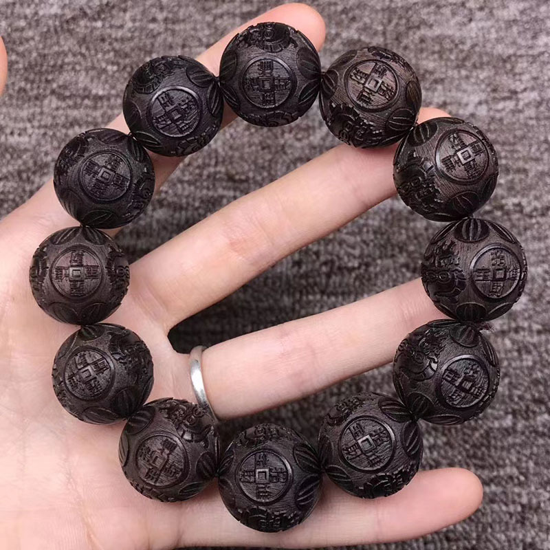 黑檀木手串文玩天然乌木紫光檀雕刻貔貅20mm单圈饰品手链念珠佛珠