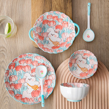 卡通可爱兔网红款碗具家用套装高颜值碗碟套装陶瓷餐具家用餐厅