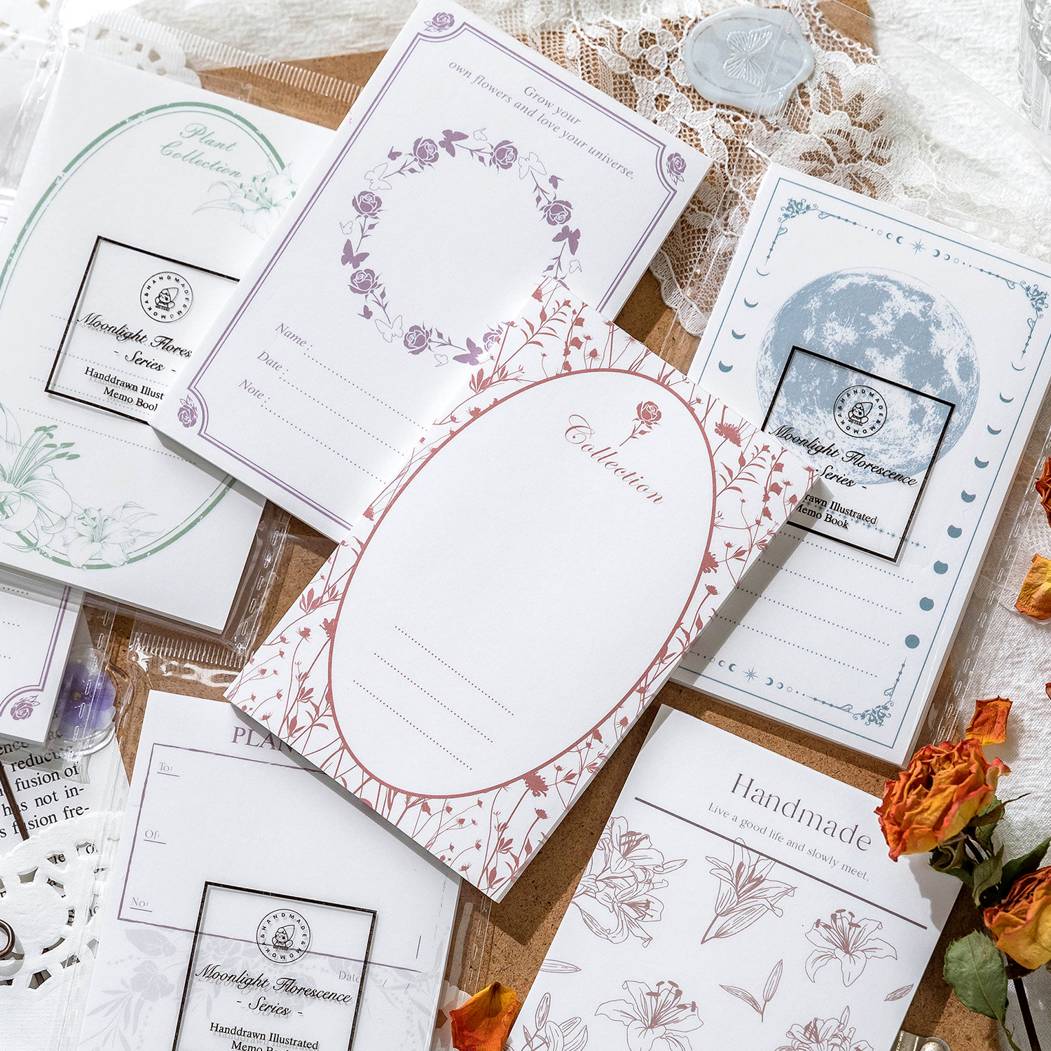 陌墨手绘图鉴便签本 月下花时系列 留言记事图鉴手帐diy装饰6款