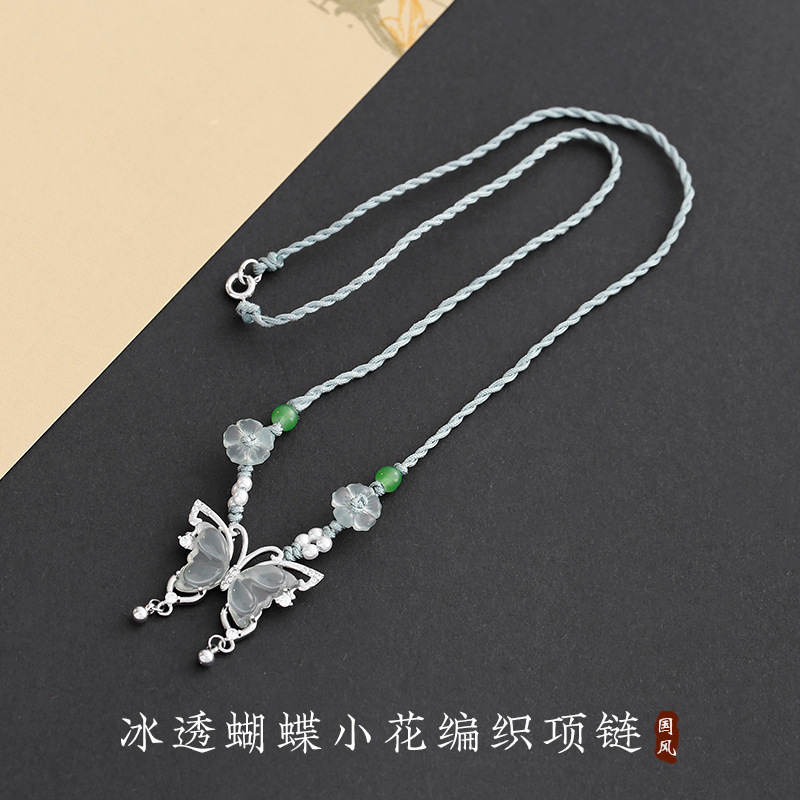 春意浓~小蝴蝶冰透小花编绳项链手工编织成品锁骨链新中式颈链女