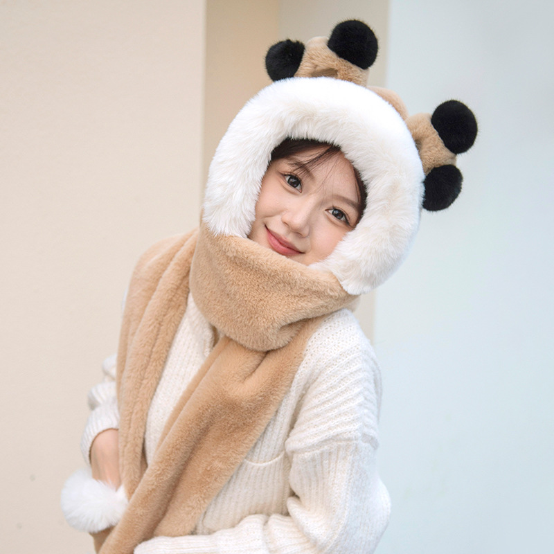 Processing Customized Winter Big Ear Dog Hat Scarf Gloves Three-Piece Set Thickened Fleece Warm Hooded One-Piece Scarf