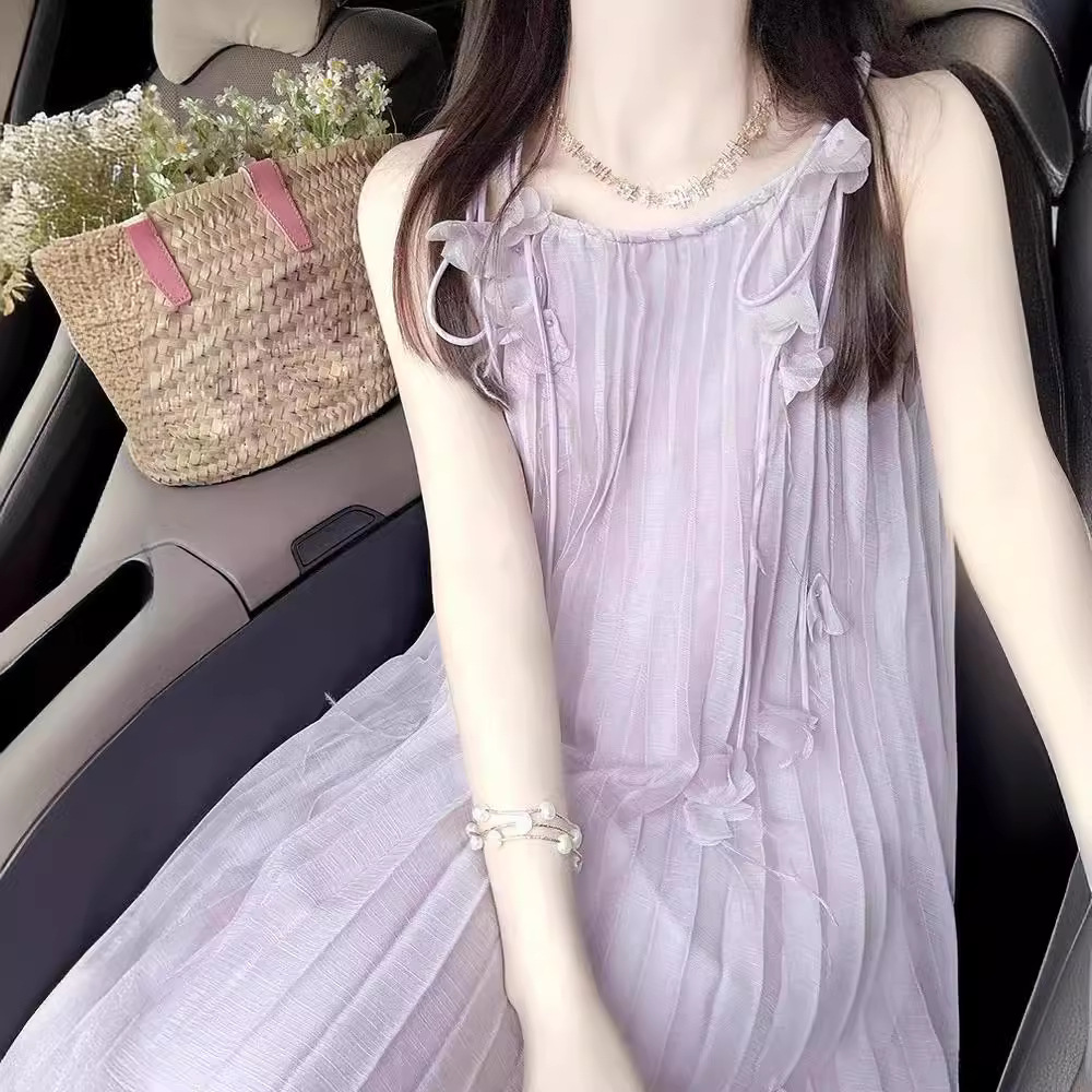 海边度假风甜美紫色吊带连衣裙女夏季小个子宽松显瘦仙女裙长裙子